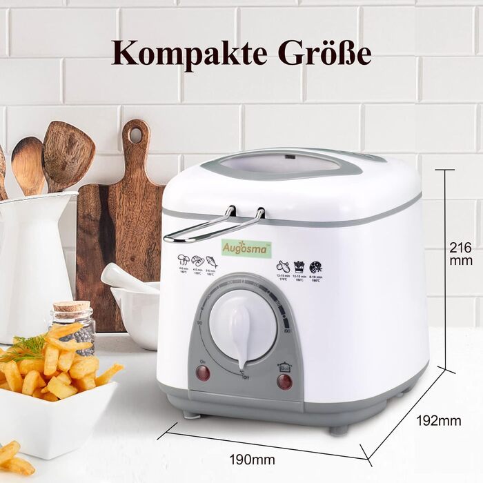 Міні-фритюрниця Augosma з олією 850-950 Вт л Ємність 1 л Оглядове вікно l Кошик для смаження з нержавіючої сталі l Регульована температура l Теплоізольований l Нековзна гумова накладка l Білий 1 л