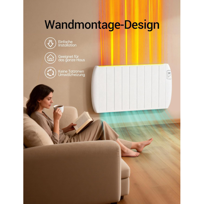 Електричний конвекторний обігрівач, електричний радіатор потужністю 2000 Вт, конвекторний обігрівач з РК-дисплеєм та цілодобовим таймером, радіатор з підставкою та настінним кріпленням, білий