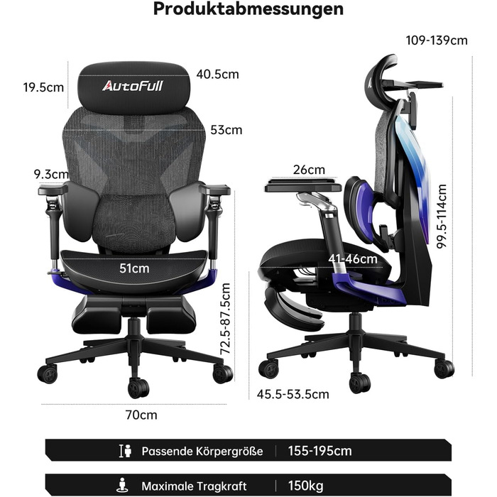 Ергономічне ігрове крісло AutoFull G7, ігрові крісла з динамічною поперековою підтримкою, поворотними підлокітниками на 720 по двох осях, нахилом спинки на 140 та подушкою для шиї 4D (лазерне) Laser Color