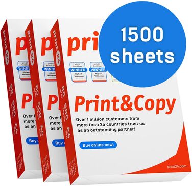Папір для принтера, папір для копіювання, 1500 аркушів, 3 x 500 A4, 80 г, преміум-класу, яскраво-білий, CIE 160, переможець випробувань, екологічний сертифікат PEFC