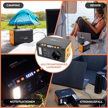 Міні-зарядна станція Technaxx TX-205 зі світлодіодною панеллю, лампою, 5 портами USB - 74 Втгод, портативним зарядним пристроєм 230 В з вбудованим розетком для ноутбука, мобільного телефону, міні-холодильника тощо, сумісна із сонячними зарядними пристроям