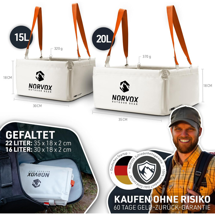 Складана чаша для вулиці - 15 л або 20 л - універсальна як миска для миття посуду, умивальник, корито для миття посуду або як складне відро Крижано-сірий помаранчевий - 20 л