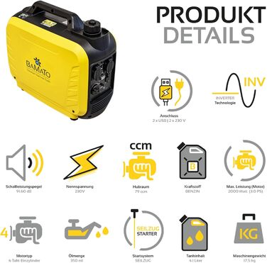 Інверторний генератор BAMATO BGE-2000I 2000 Вт Інверторна технологія 64,1 дБ(A) Дві розетки змінного струму 230 В та два USB-порти для швидкої зарядки 2,1 А