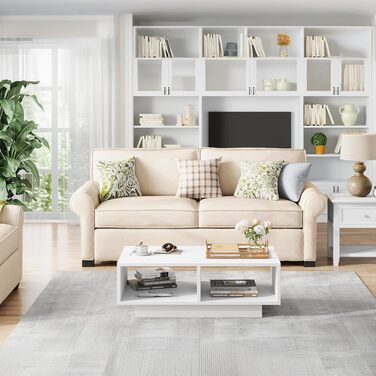 Білий журнальний столик, центральний/чайний столик для вітальні, сучасний та стильний прямокутний журнальний столик з 2 відкритими відділеннями, прямокутний бічний столик/столик до дивана, для спальні/офісу, 90x48x31 см, білий дерев&39яний композит