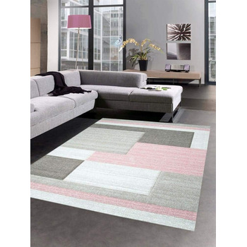 Сучасний килим з коротким ворсом для вітальні килим контурного крою в клітинку абстрактний пастельний рожевий сірий тауп розмір 24