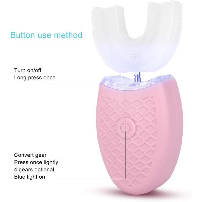 Електрична зубна щітка для дорослих, U-подібна звукова зубна щітка для відбілювання зубів, розумна автоматична зубна щітка з 4-швидкісною швидкістю та світлодіодним підсвічуванням, IPX7 водонепроникна (рожева)