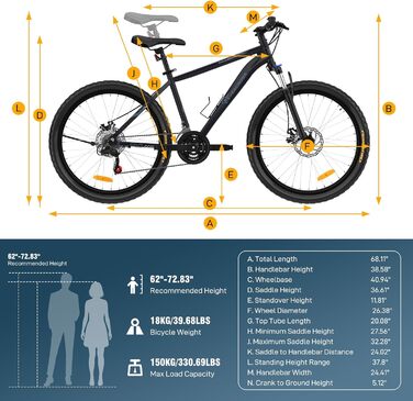 Гірський велосипед EVERCROSS EM3 для дорослих (чоловіків та жінок), 26-дюймовий велосипед, 21-швидкісна система передач, алюмінієва рама з амортизаційною вилкою, всюдихідний велосипед з дисковими гальмами, вантажопідйомність 150 кг EM3-чорний