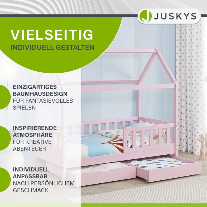 Дитяче ліжко Juskys Marli 80 x 160 см з матрацом, ящиком для ліжка, захисними поручнями, рейковою основою та дахом - Ліжко-будиночок з масиву дерева для дітей - Ліжко рожевого кольору