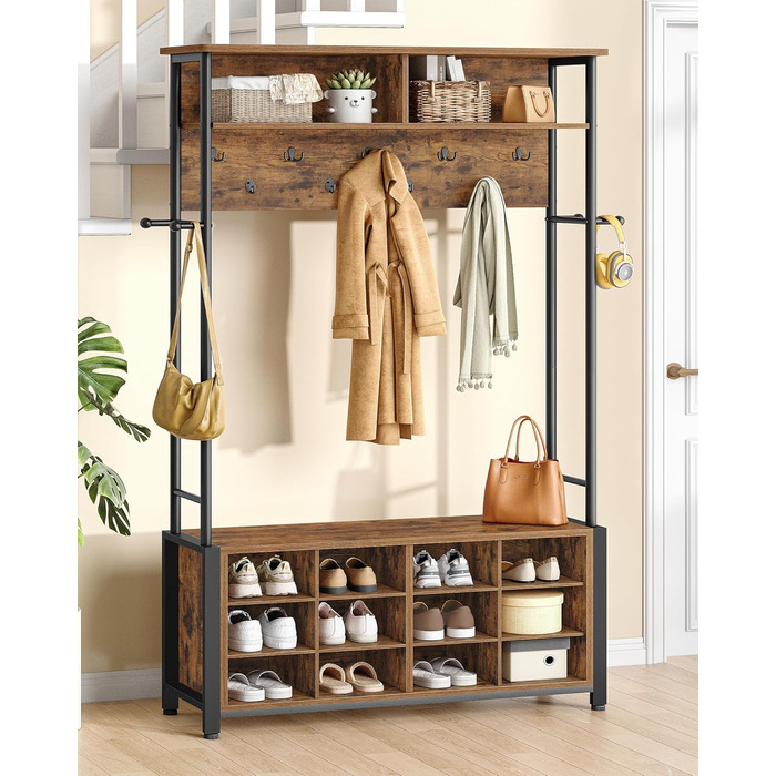 Вішалка для одягу Hzuaneri з лавкою для взуття, шафа з 13 гачками, 14 відкритими відділеннями, регульовані полиці, вішалка для одягу для коридору, вхідної зони, 31 x 108 x 187 см, вінтажний коричнево-чорний HT17901B