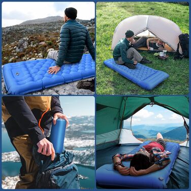 Килимок для сну NAPASA, потовщений надувний матрац 14 см із вбудованим насосом для ніг та подушкою, водонепроникний, килимок для сну з антипіреновим покриттям для походів, пляжу, подорожей, намету (синій) 3 шт. нашивки - синій