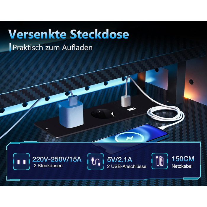 Ігровий стіл Coleshome з шухлядами, 15150 см, ігровий стіл зі світлодіодним освітленням та розеткою, комп&39ютерний стіл з полицями та підставкою для монітора, чорний колір з вуглецевого волокна