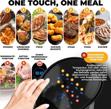 Фритюрниця Stillstern 6.5 л зі світлодіодним сенсорним екраном, 120 рецептів німецька, 10 програм, таймер 120 хв, розморожування та підтримання тепла, функція струшування, фритюрниця 1800 Вт XXL фритюрниця без олії Black New