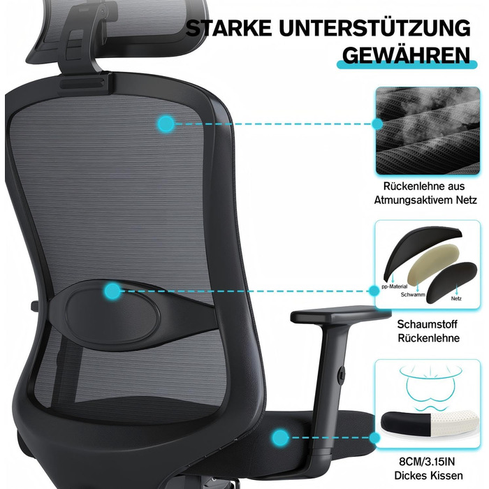 Ергономічне офісне крісло, обертове крісло з поперековою подушкою з пінопласту, офісні крісла з регульованими 2D підголівниками та підлокітниками, крісло для керівника до 150 кг/330 фунтів (чорне)