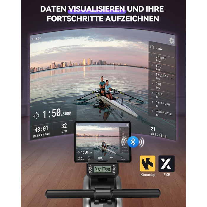 Новинка 2026 року Магнітний гребний тренажер DMASUN для домашнього використання з оновленими подвійними рейками, підключенням до додатку, 16 рівнями опору, РК-дисплеєм даних, ідеально підходить для кардіотренувань, витримує до 160 кг, чорний/сріблястий