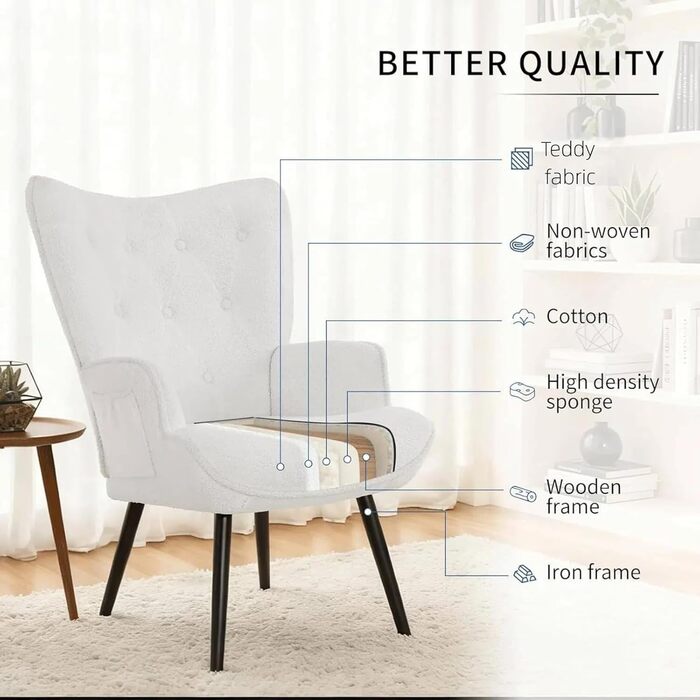 Крісло CLEVICH з підніжкою - Затишне крісло для відпочинку з підніжкою, крісло для читання, крісло з тканини Тедді для вітальні та спальні - До 168 кг, Біле