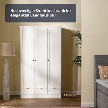 Шафа-купе KHG з орними дверима, біла, 3 двері, 3 шухляди, 1 вішалка для одягу, 5 полиць з регульованою висотою, цоколь, шафа в сільському стилі, 3-дверна