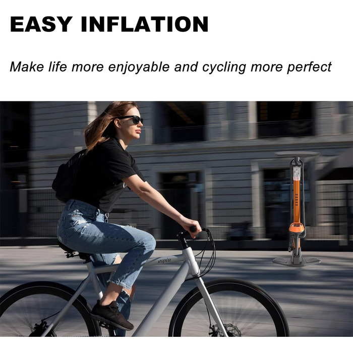 Велосипедний насос GOBKO, підлоговий, 129x23.5x12 см, 11 бар / 160 psi, сталь, помаранчевий