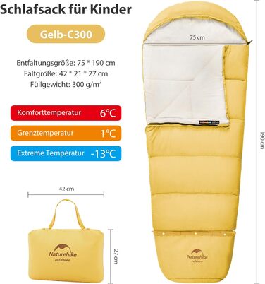 Дитячий спальний мішок Naturehike, літній, весняний, осінній, бавовняний спальний мішок для дітей, подорожей, кемпінгу, легкий теплий, кемпінговий, спальні мішки C300-жовтий