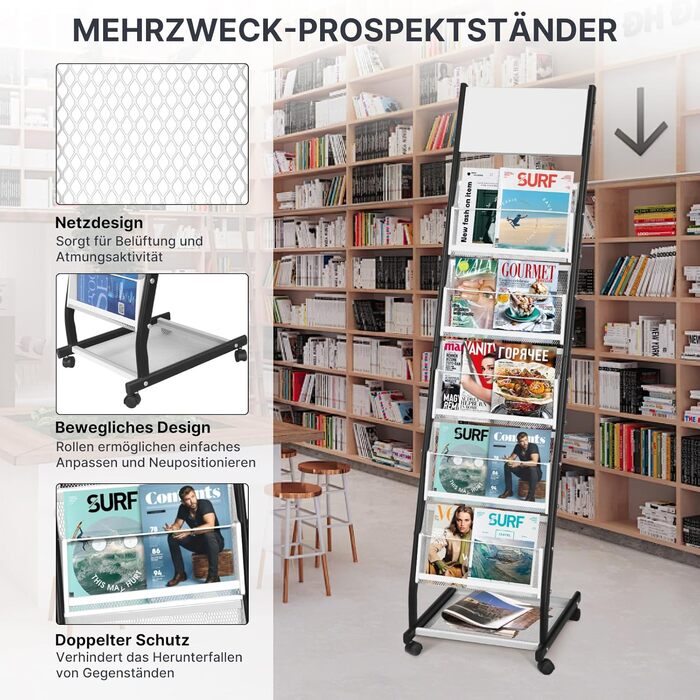 Шарова стійка для журналів SUNDOY з колесами підлогова підставка для брошур та каталогів, стійка для журналів на колесах для офісу, ярмарків та дому (ширина 32,5 см) 5-шарова, ширина 32,5 см, 5-