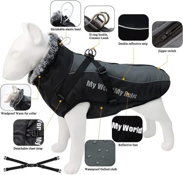 Водонепроникна зимова куртка для собак зі шлейкою, захистом для живота, жилетом для домашніх тварин на блискавці, світловідбиваючою та вітрозахисною курткою для собак середнього та великого розміру 2XL-6XL (3XL)