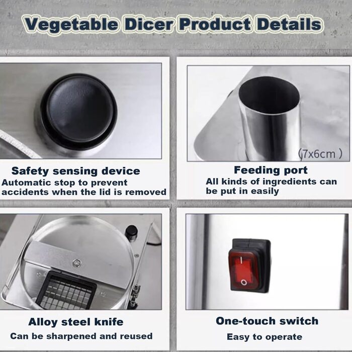 Електричний різак для овочів потужністю 250 Вт для комерційного використання, автоматичний кубічний різак для фруктів і овочів з кубічними різаками 6/8/10/12/15 мм, електричний різак для кубиків цибулі, для дому/комерційного бізнесу
