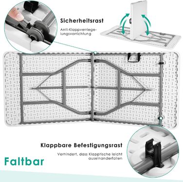 Складаний фуршетний стіл LIFERUN, водонепроникний, 180x75 см, садовий стіл зі стільницею з HDPE, складний пластиковий стіл з ручкою для перенесення, кемпінговий стіл для 10 осіб, вага до 150 кг, святковий стіл для саду, тераси, балкону, білий