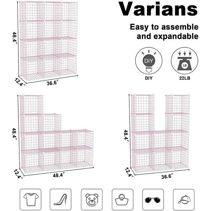 Дротяний кубічний органайзер для зберігання, 12 - металевий кубічний органайзер, C-подібна сітка, модульні полиці, органайзер для шафи, ідеально підходить для дому, офісу, вітальні, 91 см Д x 32 см Ш x 122 см В, рожевий UWCS3012P