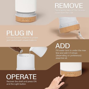 Керамічний ароматичний дифузор SALUBRITO, білий дифузор для ефірних олій, ультразвуковий зволожувач ароматичних олій, ароматерапевтичний дифузор для ароматичних олій, без BPA, подарунок для жінок