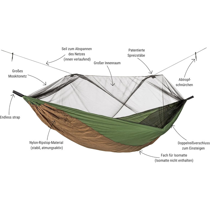 Гамак StoreoAS Ultra-Light Adventure Mosquito Thermo 470 г з москітною сіткою та відділенням для сну, дорожній гамак, просочений засобом від комах, 275x140 см, до 150 кг, зелено-коричневого кольору, одномісний
