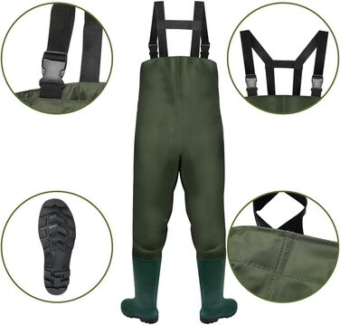 Штани для риболовлі, вейдерси, штани для ставка з нейлону 70D, композитного ПВХ, з нековзними гумовими чобітьми, водонепроникні штани, підходять для будівельних майданчиків, риболовлі, ферм, садів, розмір L 42/43, зелені