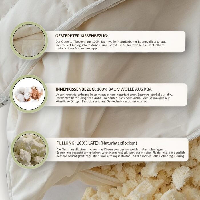 Регульована по висоті подушка для шиї з натурального латексу розміром 40x80 см з окремою внутрішньою подушкою та стьобаним чохлом зі 100 органічної бавовни - Зроблено в Німеччині