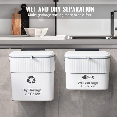 Сміттєвий бак для кухні ELPHECO - підвісний сміттєвий бак на 1,8 галона з кришкою, настінний сміттєвий бак на 7 літрів для дверей