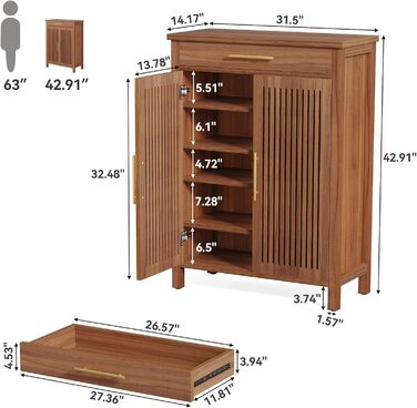 Вузька 5-ярусна взуттєва шафа Tribesigns з рейковими дверцятами та шухлядою Регульована дерев&39яна взуттєва полиця для передпокою, коридору та гардеробу 80 x 36 x 110 см, Коричневий
