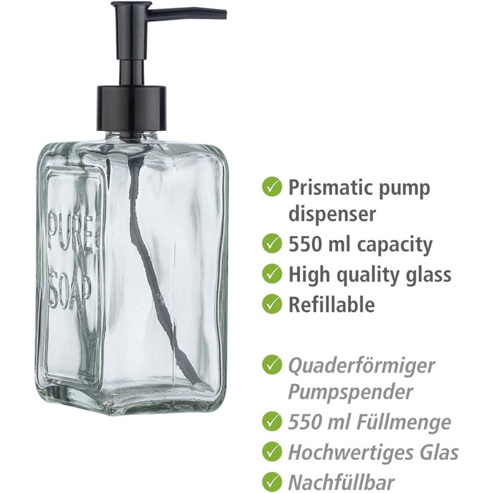 Дозатор для мила WENKO Pure Soap, багаторазовий дозатор для рідкого мила з високоякісного скла, великий дезінфікуючий дозатор для