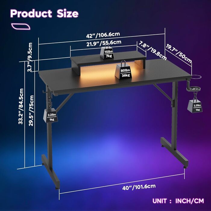Комп&39ютерний стіл Bestier Small Gaming Desk 106,6 см зі світлодіодною підсвіткою та підставкою для монітора, ігрова робоча станція з підсклянником та гачком для гарнітури для домашнього офісу, спальні, невеликих кімнат, чорний