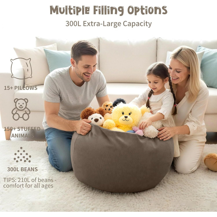 Крісло-мішок Nobildonna для дітей та дорослих, лише чохол (без наповнювача) для дивана з м&39якими іграшками, 110 x 89 см, теплий сірий колір, велике (лише чохол)