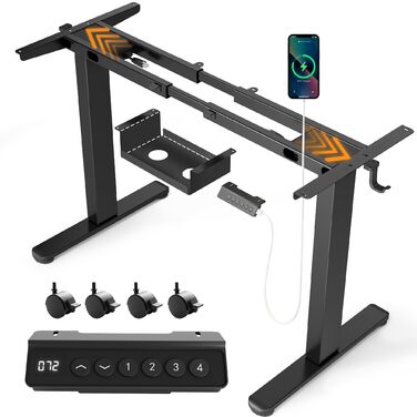 Рама столу Claiks з 2-моторним регулюванням висоти, електрична рама столу з USB-портом та кабельним лотком, рама столу з 4 налаштуваннями пам&39яті та 4 колесами, вантажопідйомність 100 кг, чорний колір