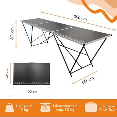 Складаний стіл для шпалер Lemodo Міцний робочий стіл Багатофункціональний стіл з вимірювальною шкалою Стіл для блошиного ринку 300 x 60 см Багатофункціональний стіл, вантажопідйомність до 30,0 кг