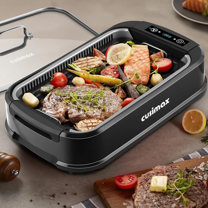 Електричний гриль CUSIMAX 1500 Вт Настільний гриль електричний з кришкою для внутрішнього та зовнішнього використання, електричний гриль з регульованою температурою, знімний піддон для крапель масла та пластина для гриля, чорний