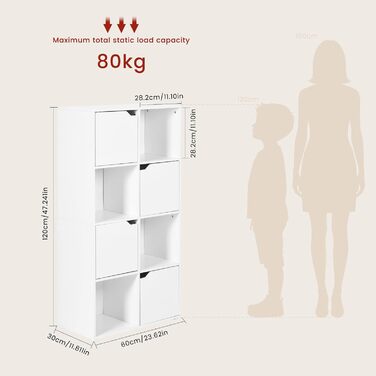 Книжкова полиця для кабінету, спальні та вітальні, книжкова шафа з 4 дверцятами та 8 відділеннями, полиця для зберігання, окремостояча полиця, офісна полиця, полиця для файлів, полиця для папок, 60 x 30 x 120 см