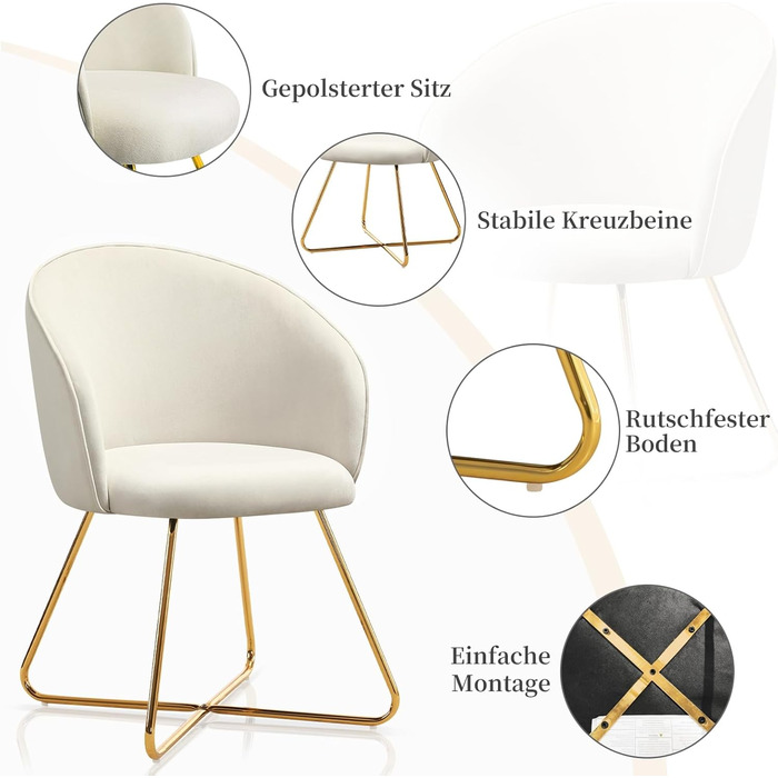 Крісло для туалетного столика Hellove із золотистими металевими ніжками, зручне оксамитове бежеве крісло для туалетного столика, просте сучасне крісло з підлокітниками, м&39яке крісло для макіяжу, вітальня, комплект з , бежевий