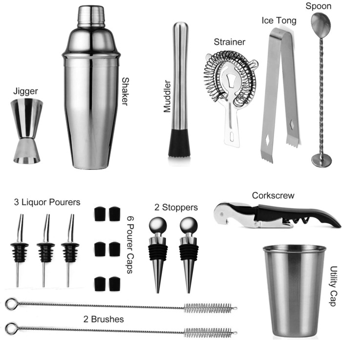 Набір шейкерів для коктейлів Soing, 24 предмети, набір Barkee нержавіюча сталь,   з підставкою, у комплекті оксамитова сумка та рецепти (срібло)