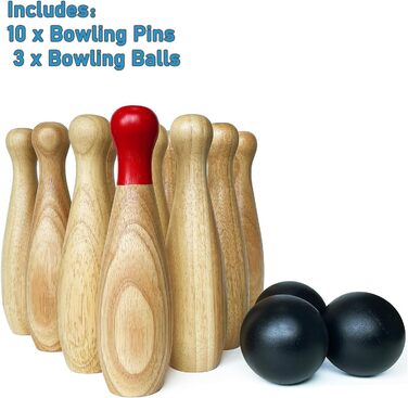 Дерев&39яний набір для боулінгу, газон, тверда деревина, 10 кеглей та 3 кулі в сумці для перенесення (висота 23 см, натуральний колір) Висота 23 см, натуральний колір