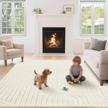 Килим для вітальні, килим з коротким ворсом для вітальні, спальні, дитячої кімнати з ефектом високого та низького ворсу, 3D-ефект, висока щільність ворсу та приємна м&39якість, сучасний арочний дизайн, 80x150 см, бежевий, прямокутний 80 x 150 см