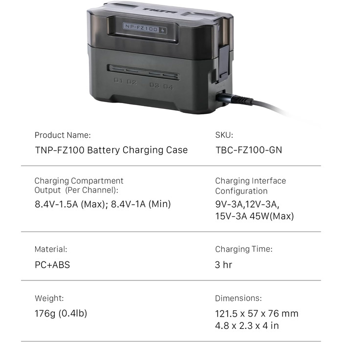 Зарядний пристрій TILTA NP-FZ100, портативна зарядна станція, 4K, макс. 45 Вт, сумісний із Sony та більшістю акумуляторів NP-FZ100, зелений TBC-FZ100-GN TBC-FZ100-GN TG