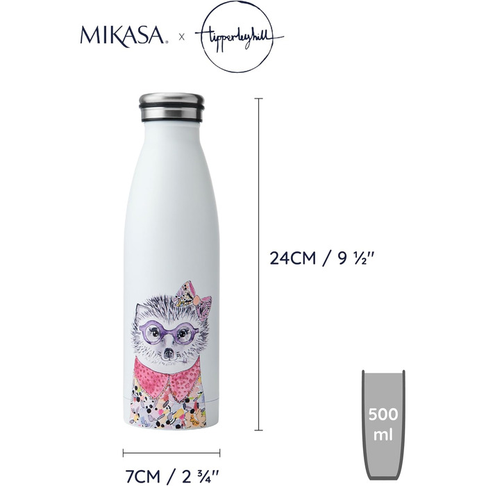 Пляшка для води Mikasa Tipperleyhill, нержавіюча сталь, ізольована, для використання в дорозі, двостінна пляшка для пиття, зберігає напої гарячими протягом 12 годин і холодними протягом 18 годин, кумедна ілюстрація свині, лише ручне миття, 500 мл