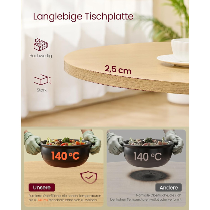 Круглий обідній стіл VASAGLE, маленький кухонний стіл для 4 осіб, сільський стиль, водостійка поверхня, діаметр 80 см, висота 74,8 см, для їдальні, вітальні, колір золотий дуб KDT082Y02