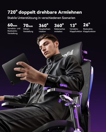 Ергономічне ігрове крісло AutoFull G7, ігрові крісла з динамічною поперековою підтримкою, поворотними підлокітниками на 720 по двох осях, нахилом спинки на 140 та подушкою для шиї 4D (лазерне) Laser Color