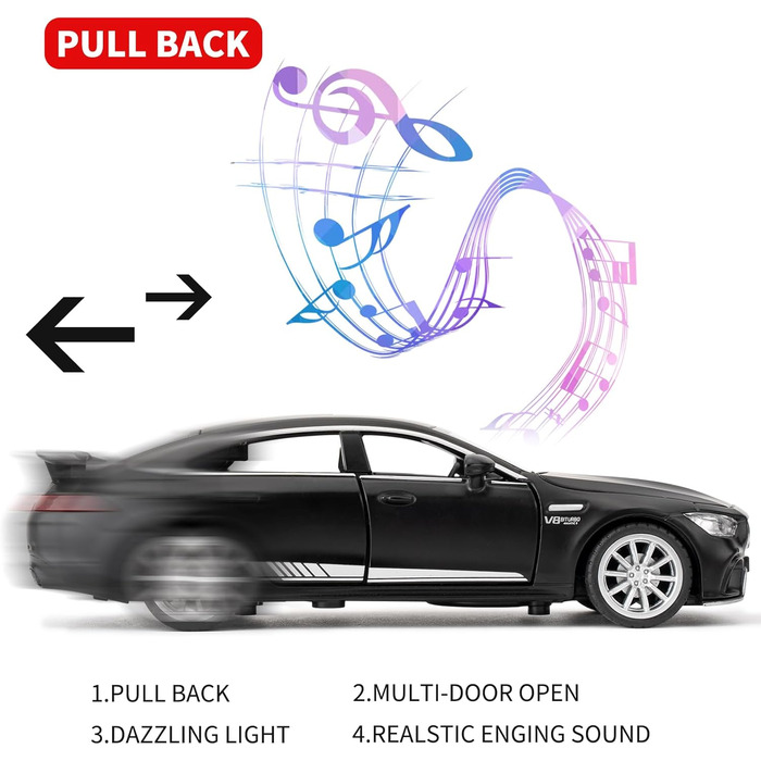 Модель автомобіля Benz AMG GT63 зі звуком і світлом від'їжджає назад зі звуком і світлом іграшковий автомобіль для хлопчиків дівчаток дорослих подарунок (чорний), 1/32