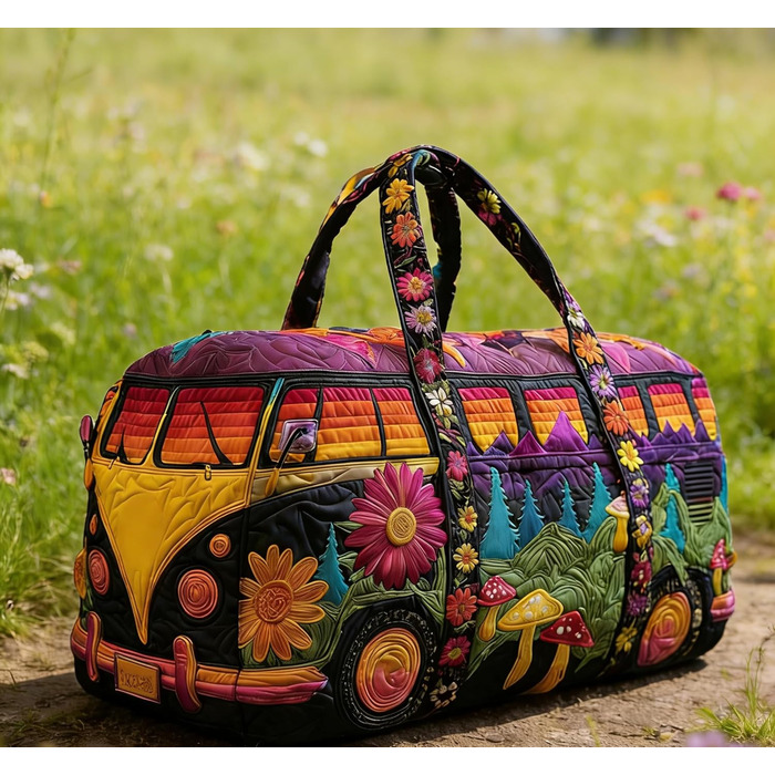 Дорожня сумка TIAASTAP Hippie Van VW Bulli - барвиста богемна стьобана сумка для вихідних зі знаком миру та ромашками, стьобана дорожня сумка, сумка для кемпінгу для свят, карнавалу та вечірок 3
